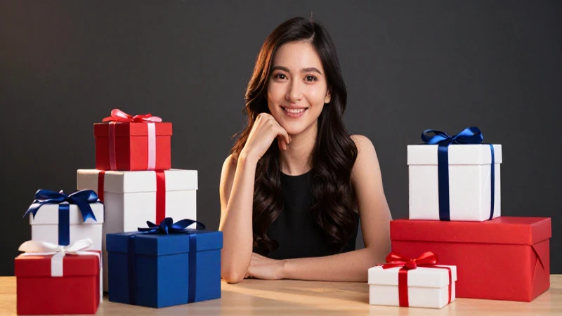 Joven sonriente rodeada de regalos coloridos