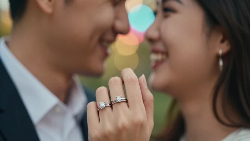Pareja riendo con anillos en primer plano