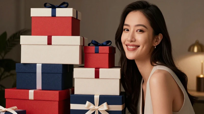 Mujer sonriente con regalos en luz cálida
