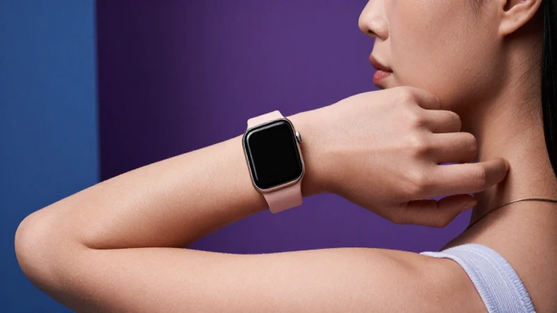Mujer elegante con reloj inteligente en primer plano