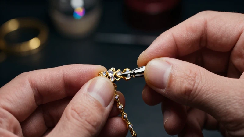 Manos reparan collar dorado con gemas brillantes