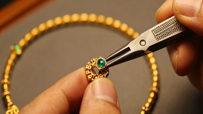 Reparación detallada del brazalete dorado con herramientas
