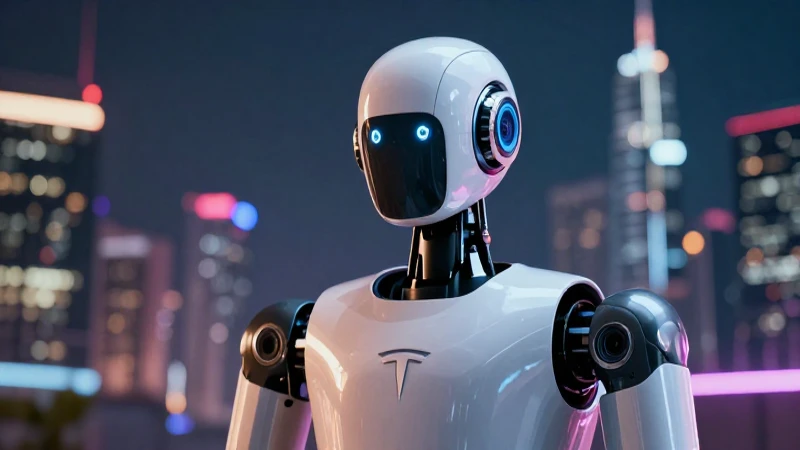 Robot Tesla en una ciudad futurista vibrante