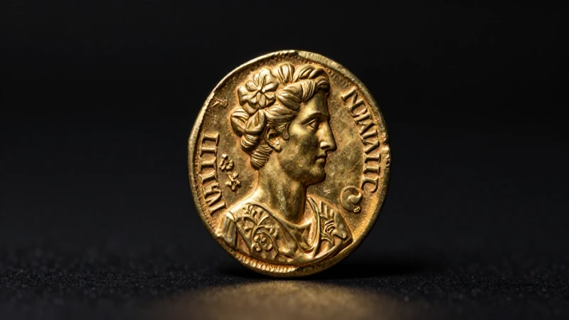 Moneda romana en primer plano, dorada y misteriosa