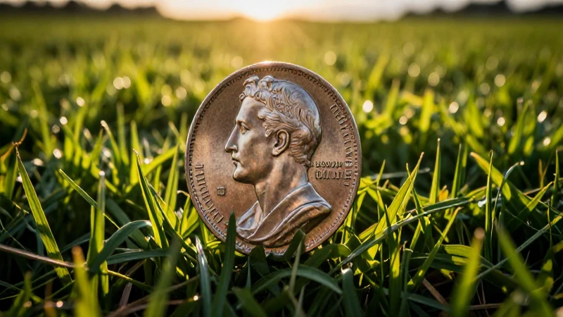 Moneda romana hallada en campo verde