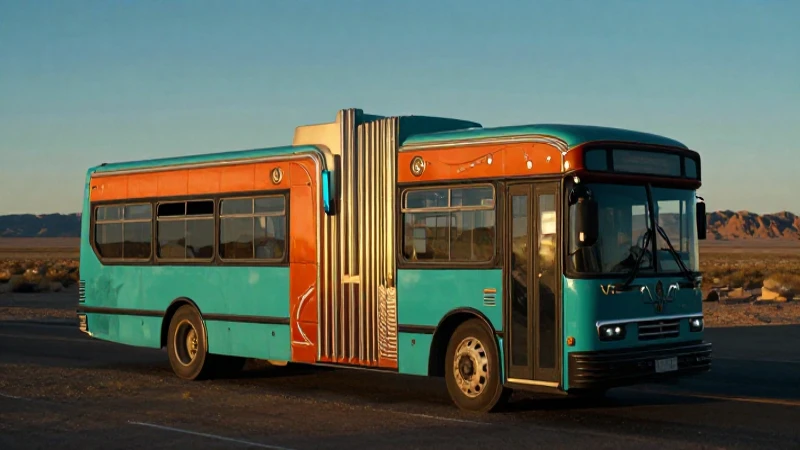 Autobús art déco en paisaje desértico vibrante