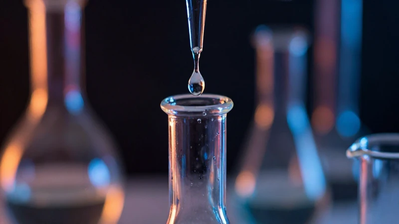 Gotas cromadas brillan en ambiente de laboratorio
