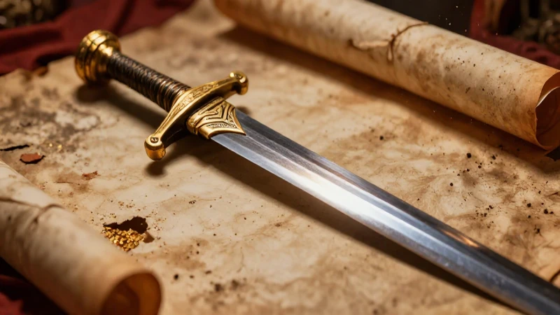 Espada sasánida en primer plano, épica y realista