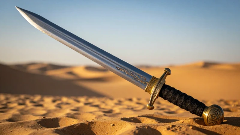 Espada sasánida en desierto, luz dramática y detallada