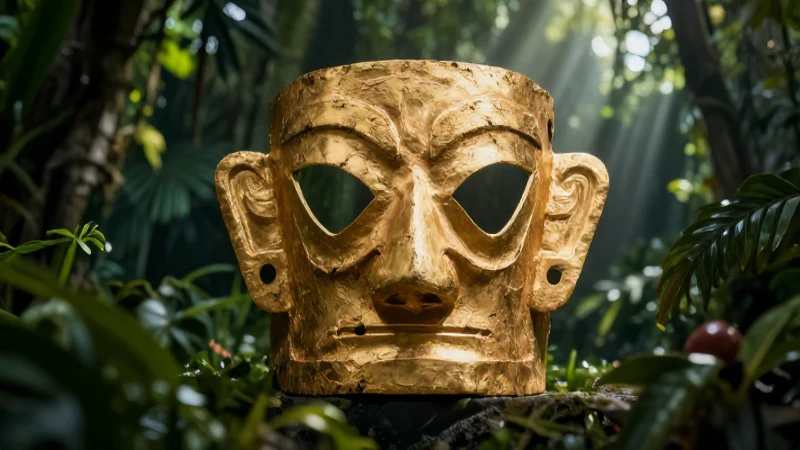 Máscara inca dorada en selva misteriosa
