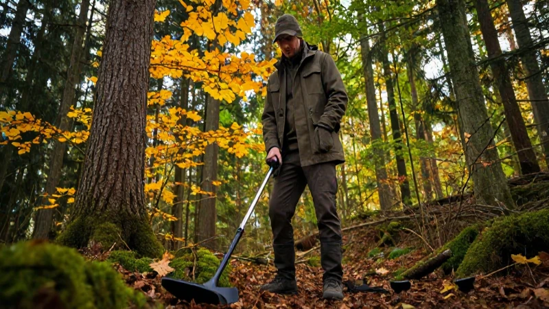 Detective busca tesoro en bosque otoñal