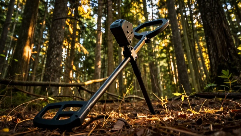 Detector de oro en bosque oscuro y dramático