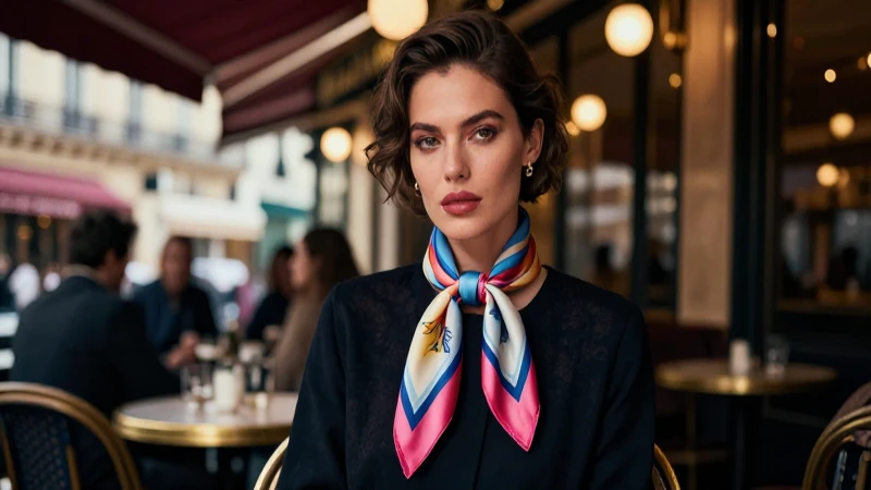 Mujer elegante con bufanda de seda en París