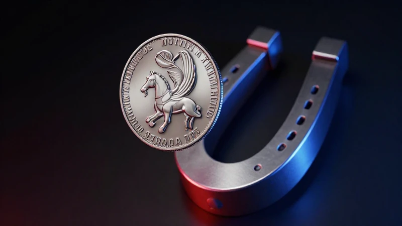 Moneda plateada levita sobre imán dramático