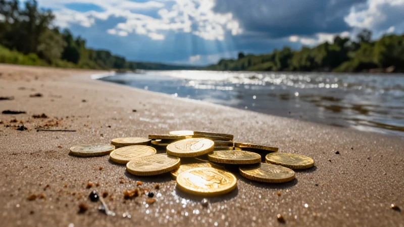 Monedas doradas brillan en la arena húmeda