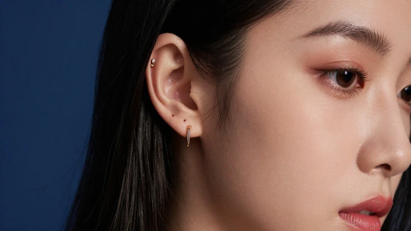 Oreja con aretes dorados en primer plano