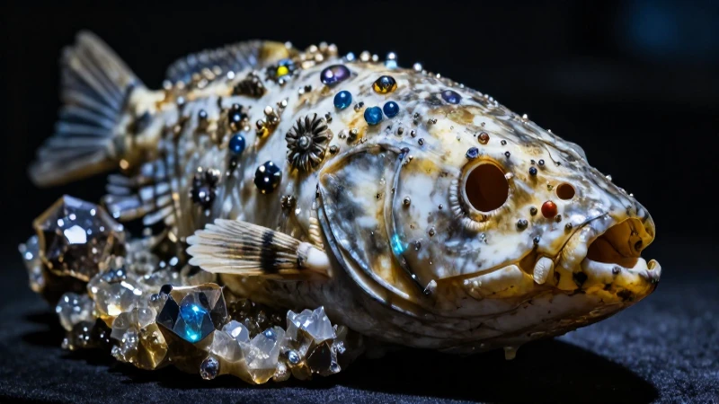 Cabeza fosilizada de pez con cristales brillantes