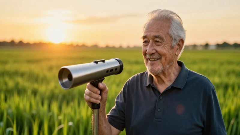 Abuelo sonríe en campo dorado al atardecer