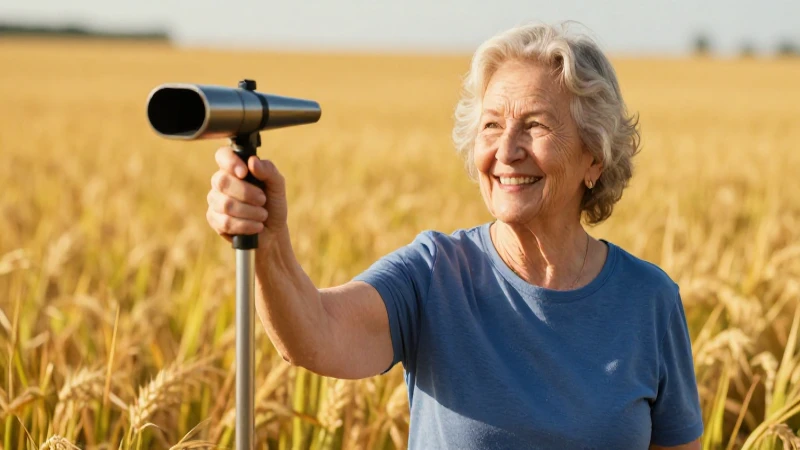 Anciana sonríe en campo dorado y soleado