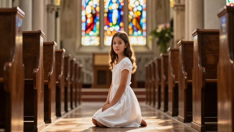 Qué es la Primera Comunión y cuáles son sus requisitos 10 Niña en iglesia, luz dorada y borrosa