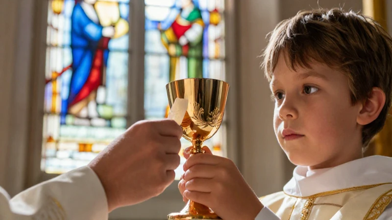 Qué es la Primera Comunión y cuáles son sus requisitos 2 Niño recibe la hostia en cálida luz