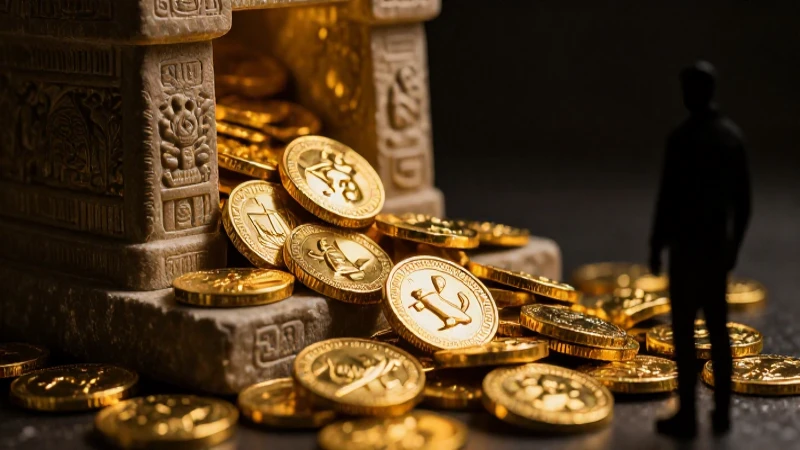 Moneda azteca dorada en pedestal antiguo