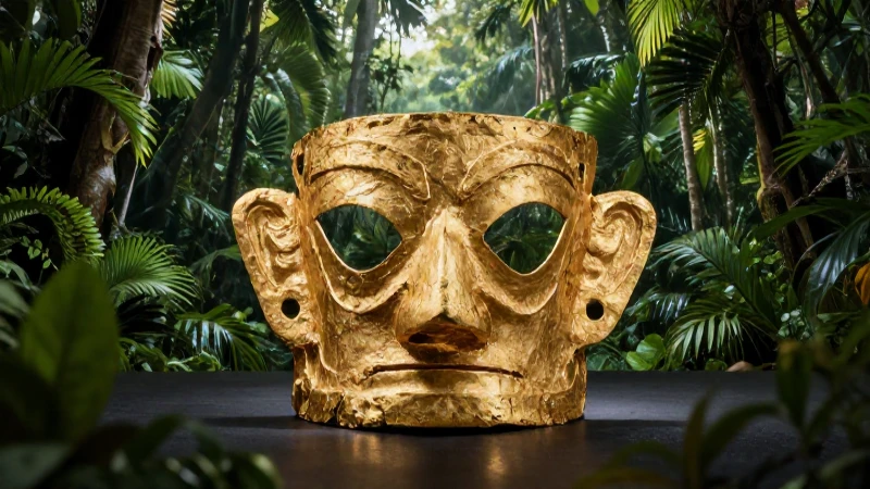 Máscara dorada antigua, selva exuberante y vibrante