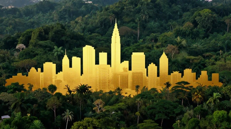 Ciudad dorada en selva amazónica, vista aérea