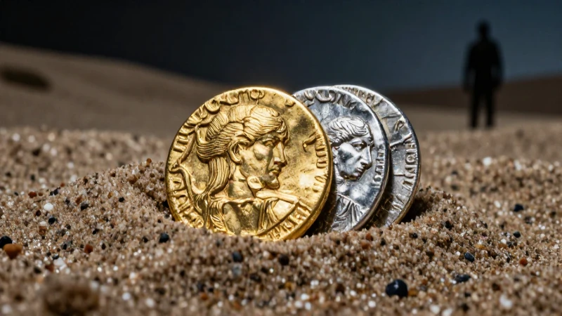 Monedas antiguas de oro y plata en arena