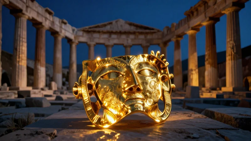 Ruinas griegas, tesoro dorado, atmósfera misteriosa