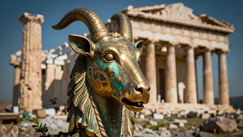 Cabeza animal dorada y turquesa en ruinas