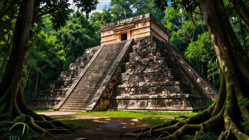 Pirámide azteca en selva exuberante y detallada