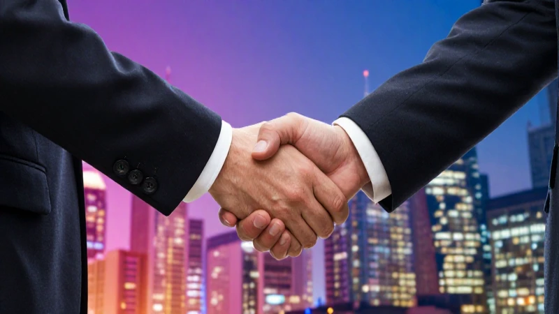 Líder apretando la mano en ciudad futurista
