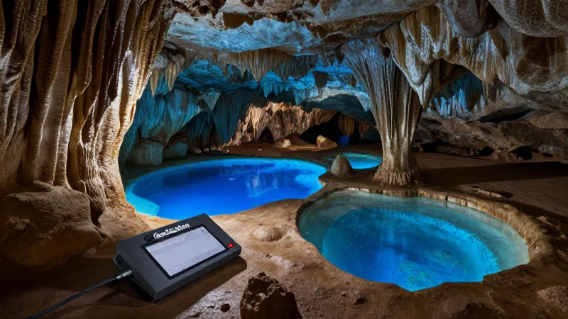 Cueva subterránea azul iluminada cinematográficamente