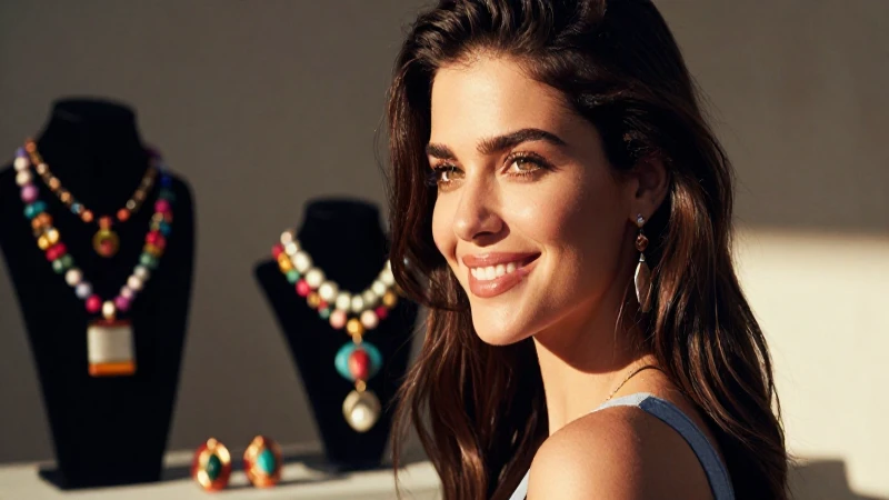 Mujer sonriente destaca joyería bajo luz dorada