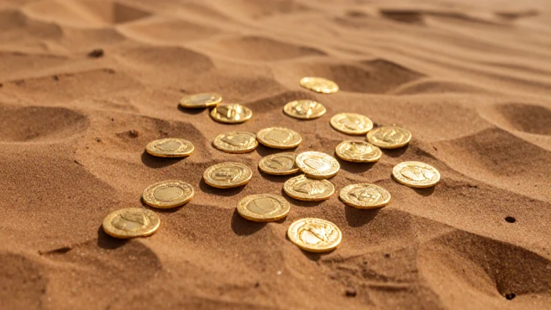 Monedas de oro sirias en arena dorada