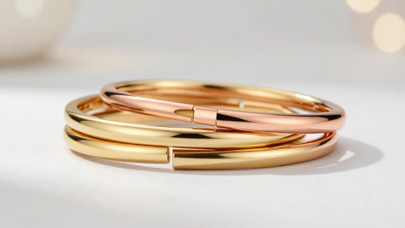 Pulseras apiladas, oro y rosado, luz cinematográfica