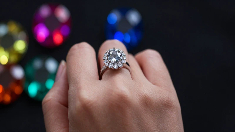 Anillo brillante en mano sobre fondo llamativo