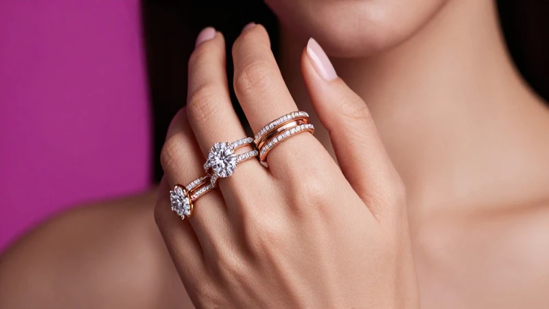 Mano femenina mostrando anillos elegantes y brillantes