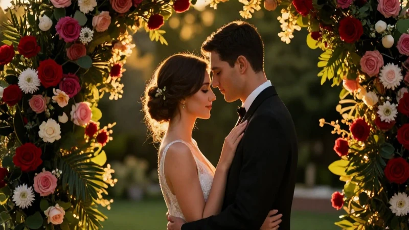Pareja elegante, ramo de flores y luz dorada