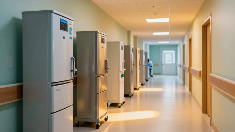 Pasillo hospitalario moderno con equipos brillantes