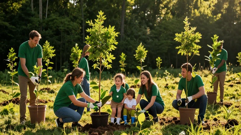 Voluntarios plantan árboles en un bosque vibrante