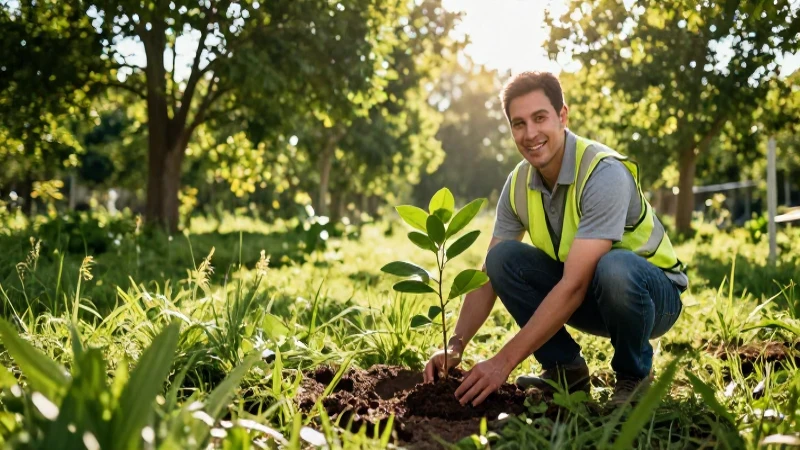 Empleado siembra árbol en proyecto reforestación vibrante
