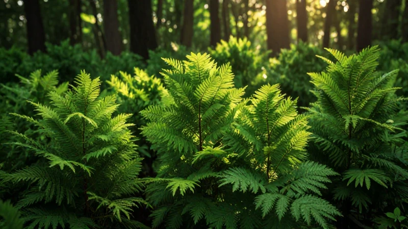 Bosque exuberante, luz cálida y detallado