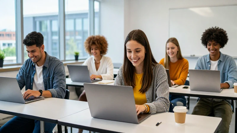 Aula vibrante con estudiantes y tecnología