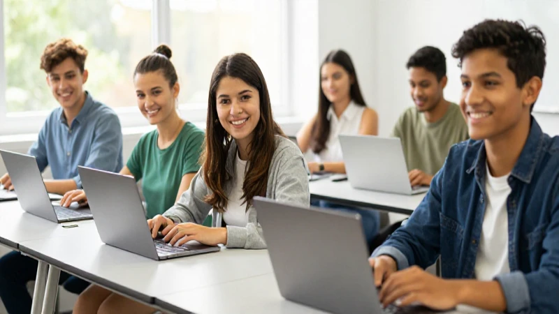 Estudiantes felices estudiando en un aula iluminada