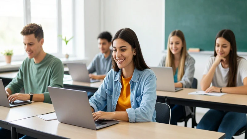 Aula luminosa y diversa, estudiantes felices trabajando