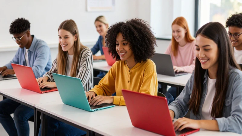 Aula vibrante, estudiantes sonriendo y colores llamativos