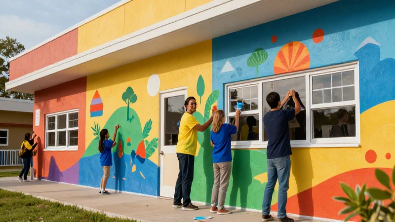 Fachada escolar colorida con alegre voluntario
