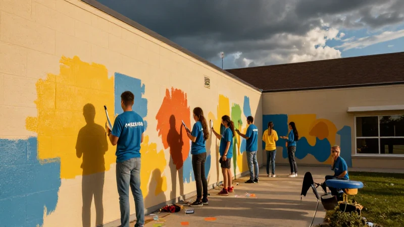 Voluntarios pintan alegremente el colegio con luz dramática